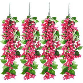RECUTMS Artificial Fake Hanging Plants Flowers for Outdoor 4pcs Faux Silk Red Bougainvillea Long Vines Stems Realistic UV Resistant for Home Porch Patio Balcony Garden Yard Outside (rose red)