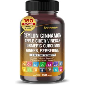 Ceylon Cinnamon Apple Cider Vinegar Turmeric Ginger Root Berberine Gymnema sylvestre Milk Thistle Licorice -150 Capsules- Made in USA