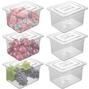 6 Pack 1/6 Size Polycarbonate Food Pans with Lids, Plastic Clear Restaurant Containers Salad Bar Containers for Fruits, Vegetables, Kitchen Food Prep, 4 Inch Deep