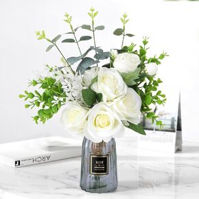 Artificial White Flowers in Vase Peony Fake Flowers with Vase Faux Silk Flower Arrangements for Home Kitchen Dining Table Centerpiece Decorations