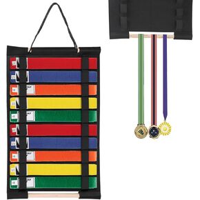 JUXYES Wall Hanging Martial Arts Belts Organizer, Portable Karate Belt Display Holder with Medals Hanging Stick, Lightweight Hanging Taekwondo Belt Display Holder for Martial Arts Learner