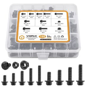 VIGRUE 155 قطعة M6-1.0 M8-1.25 مسامير سداسية ذات حواف، M6 × 12/16/20/25/30 مم وM8 × 16/20/25/30 مم براغي سداسية شفة وصواميل 10.9 سبيكة فولاذية سوداء مطلية بالزنك بالكامل خيط UNC in Kuwait