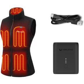 Venustas Women's Recycled Fleece Heated Vest (Black, Medium) with 7.4V Battery Pack Included and One Extra Ultra-Compact 7.4V Battery