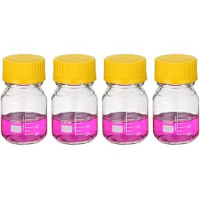 PATIKIL 4 Pack Reagent Media Storage Bottles, 25ml Borosilicate Glass Graduated Round Bottles with GL32 Blue Screw Cap for Lab Water Reagent Liquids, Clear