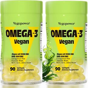 Vegan Omega-3 Algae DHA Supplements - 2000mg Algae Oil, Plant-Based Prenatal Algal DHA, 90 Carrageenan Free Softgels -Sustainable Fish Oil Alternative Supports Brain, Heart, Eyes, Joint Health