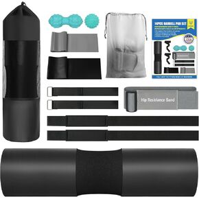 Barbell Pad Set, Hip Thrust Pad, 14pcs Gym Accessories for Women & Men, Bar Squat Pad for Hip Thrust, Bench Press with Resistance Bands,Lifting Straps, Barbell Clips, Carry Bags, Massage Balls