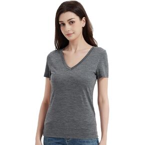 Women's 100% Merino Wool V Neck T-Shirts, Anti-Odor Athletic Casual Base Layer Tops for Running Hiking Gym