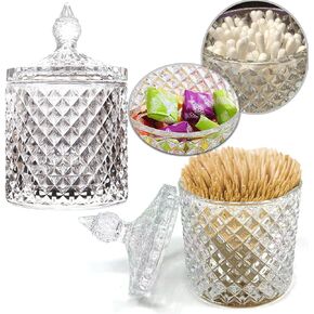 2PCS Diamond-faced crystal glass with cover toothpick jar, candy jar, household decoration jar Glass storage, suitable for bathroom, pantry, living room, kitchen glass jar (transparent ）