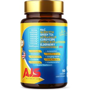 AJS Immune Support Supplement with Quercetin 4000mg with Nac Greentea Cordycepscitrus Elderberry Selenium Bromelain Echinacea Turmeric Resveratrol Astaxanthin Feverfew Ginger 90 Caps 20 in 1