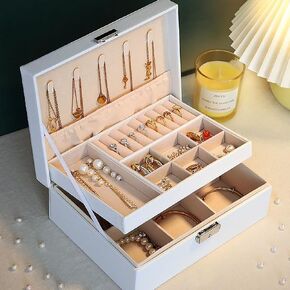 2 Layer Jewelry Box, Jewelry Holder Organizer with Jewelry Organizer Drawer for Girls Mothers Earring Ring, White