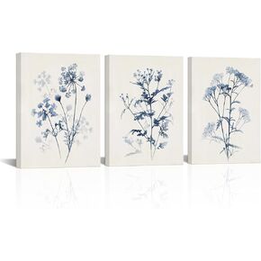 LoveHouse Blue and White Canvas Wall Art Blue Leaves Painting Prints Watercolor Blue Pictures Decor