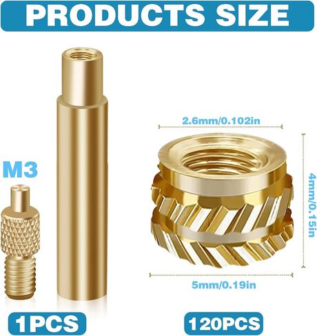 120Pcs M3 Threaded Insert, 3d Printer Accessories Brass Nut Inserts M3*4*5 Threaded Inserts for Metal, 1 M3 Heat Set Inserts Tip and 1 Solder Adapter Threaded Inserts Hardware Nuts 3d Printing Parts in Saudi Arabia