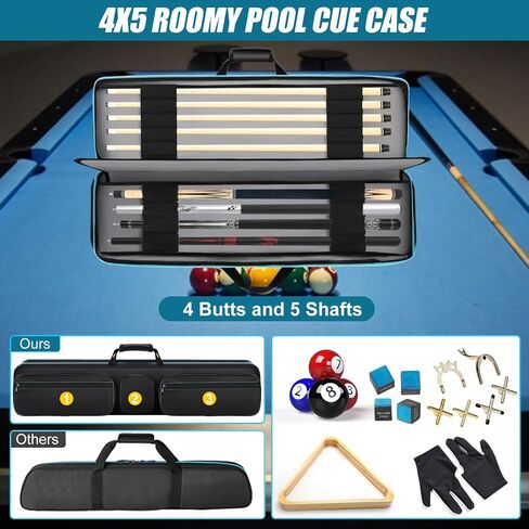 Pool Cue Case 4X5，Billiard Stick bag Holds 4 Butts and 5 Shafts，Soft Padded Pool Cue Carrying Case with Front Accessories Pockets and Shoulder Strap for Easy Carry, black and blue Billiard Cue Cases in Saudi Arabia