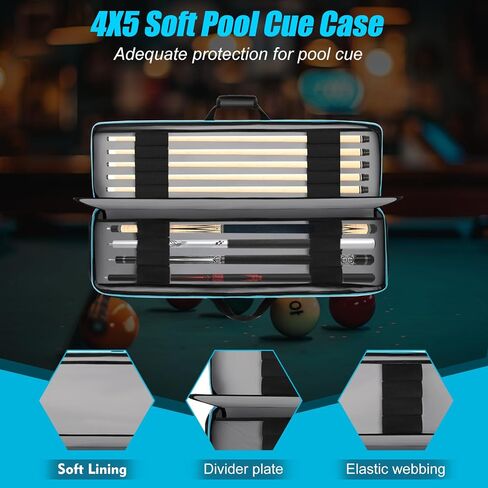 Pool Cue Case 4X5，Billiard Stick bag Holds 4 Butts and 5 Shafts，Soft Padded Pool Cue Carrying Case with Front Accessories Pockets and Shoulder Strap for Easy Carry, black and blue Billiard Cue Cases in Saudi Arabia