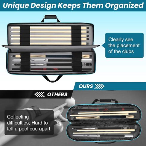 Pool Cue Case 4X5，Billiard Stick bag Holds 4 Butts and 5 Shafts，Soft Padded Pool Cue Carrying Case with Front Accessories Pockets and Shoulder Strap for Easy Carry, black and blue Billiard Cue Cases in Saudi Arabia