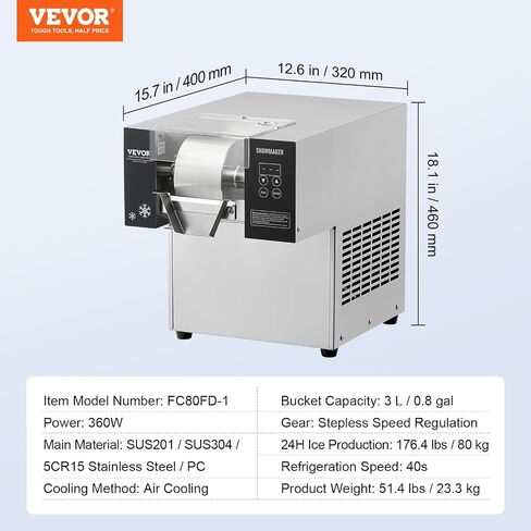 VEVOR Commercial Snowflake Ice Machine, 176.4LBS/24H Snowflake Ice Maker, Stainless Steel Ice Shaver Machine, Electric Snow Cone Maker, Air Cooling System for Rapid Heat Dissipation, for Bakery, Café in Saudi Arabia