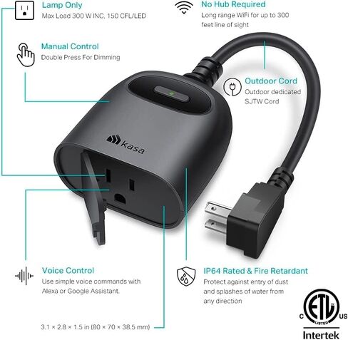 Kasa Outdoor Smart Dimmer Plug, IP64 Plug- in Dimmer for Outdoor String Lights, Compatible with Alexa, Google Assistant & SmartThings, Long Wi-Fi Range 2.4Ghz, No Hub Required, ETL Certified(KP405) in Kuwait