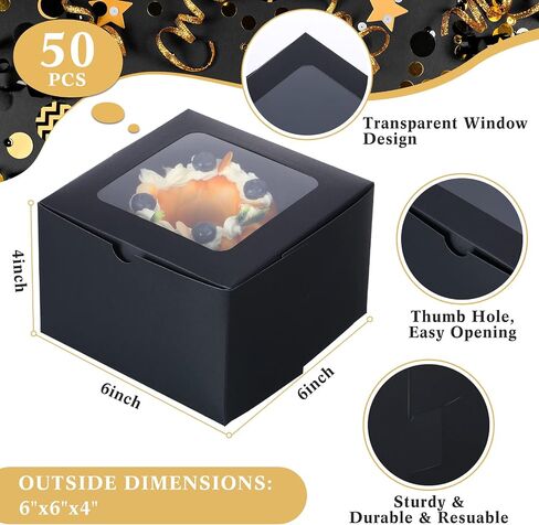 50 Pcs Bakery Boxes with Window 6 x 6 x 4 Inch Cookie Boxes Small Treat Boxes Pastry Boxes Mini Cake Boxes Cookie Containers for Cookies, Pastry, Cupcakes, Dessert, Pie, Muffin, Donuts (Black) in Saudi Arabia