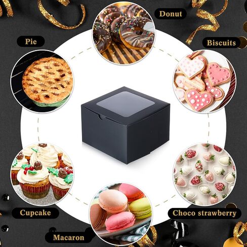 50 Pcs Bakery Boxes with Window 6 x 6 x 4 Inch Cookie Boxes Small Treat Boxes Pastry Boxes Mini Cake Boxes Cookie Containers for Cookies, Pastry, Cupcakes, Dessert, Pie, Muffin, Donuts (Black) in Saudi Arabia