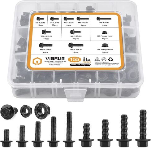 VIGRUE 155 قطعة M6-1.0 M8-1.25 مسامير سداسية ذات حواف، M6 × 12/16/20/25/30 مم وM8 × 16/20/25/30 مم براغي سداسية شفة وصواميل 10.9 سبيكة فولاذية سوداء مطلية بالزنك بالكامل خيط UNC in Kuwait