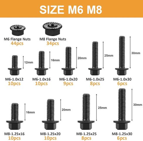 VIGRUE 155 قطعة M6-1.0 M8-1.25 مسامير سداسية ذات حواف، M6 × 12/16/20/25/30 مم وM8 × 16/20/25/30 مم براغي سداسية شفة وصواميل 10.9 سبيكة فولاذية سوداء مطلية بالزنك بالكامل خيط UNC in Kuwait