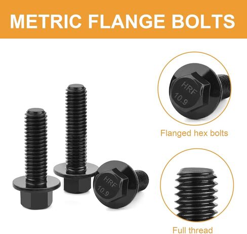 VIGRUE 155 قطعة M6-1.0 M8-1.25 مسامير سداسية ذات حواف، M6 × 12/16/20/25/30 مم وM8 × 16/20/25/30 مم براغي سداسية شفة وصواميل 10.9 سبيكة فولاذية سوداء مطلية بالزنك بالكامل خيط UNC in Kuwait