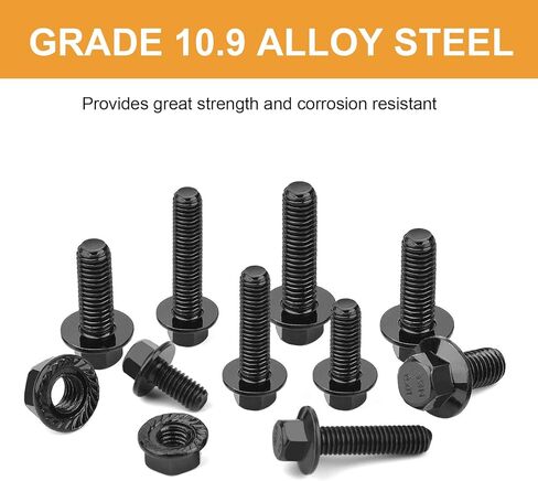 VIGRUE 155 قطعة M6-1.0 M8-1.25 مسامير سداسية ذات حواف، M6 × 12/16/20/25/30 مم وM8 × 16/20/25/30 مم براغي سداسية شفة وصواميل 10.9 سبيكة فولاذية سوداء مطلية بالزنك بالكامل خيط UNC in Kuwait