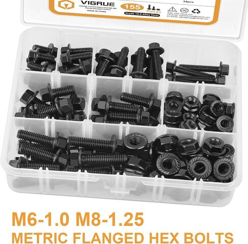 VIGRUE 155 قطعة M6-1.0 M8-1.25 مسامير سداسية ذات حواف، M6 × 12/16/20/25/30 مم وM8 × 16/20/25/30 مم براغي سداسية شفة وصواميل 10.9 سبيكة فولاذية سوداء مطلية بالزنك بالكامل خيط UNC in Kuwait