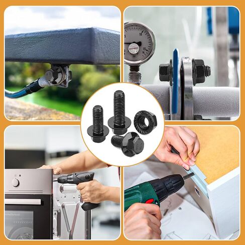 VIGRUE 155 قطعة M6-1.0 M8-1.25 مسامير سداسية ذات حواف، M6 × 12/16/20/25/30 مم وM8 × 16/20/25/30 مم براغي سداسية شفة وصواميل 10.9 سبيكة فولاذية سوداء مطلية بالزنك بالكامل خيط UNC in Kuwait