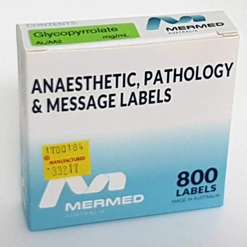 Glycopyrrolate Anesthetic Syringe Labels - Box of 800 Labels on roll (1" core) in Box. Printed in Australia by Specialist Medical Printer. Latex-Free Adhesive. in Saudi Arabia
