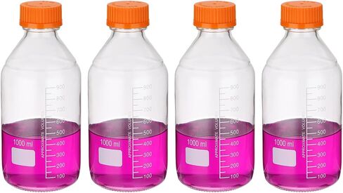 PATIKIL 4 Pack Reagent Media Storage Bottles, 25ml Borosilicate Glass Graduated Round Bottles with GL32 Blue Screw Cap for Lab Water Reagent Liquids, Clear in Saudi Arabia