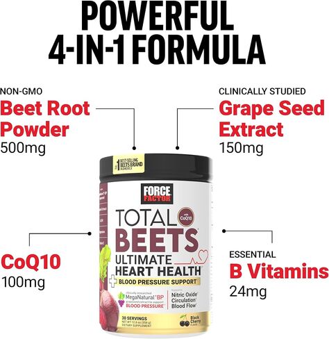 Total Beets Ultimate Heart Health Blood Pressure Support with CoQ10, Beet Root Powder, Grape Seed Extract, Blood Pressure Supplement for Circulation & Blood Flow, Black Cherry, 30 Servings in Kuwait