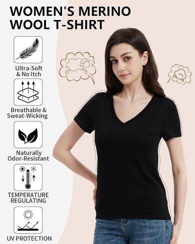 Women's 100% Merino Wool V Neck T-Shirts, Anti-Odor Athletic Casual Base Layer Tops for Running Hiking Gym in Saudi Arabia