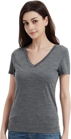 Women's 100% Merino Wool V Neck T-Shirts, Anti-Odor Athletic Casual Base Layer Tops for Running Hiking Gym in Saudi Arabia
