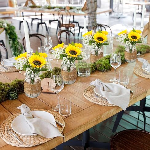43 Pcs Mason Jar Table Centerpiece 6 Sets Mason Jar Vases 18 Faux Sunflower 18 Baby's Breath 1 Rope Boho Rustic Mason Jar Table Decoration for Reception Engagement Party Bridal Shower Wedding in Saudi Arabia