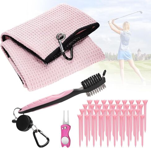 مجموعة مناشف جولف وفرشاة من أولوك - مجموعة تنظيف نادي الجولف لحقيبة الجولف، منشفة نسائية من الألياف الدقيقة مع أداة تحديد الكرة لإكسسوارات الجولف، وردي in Kuwait