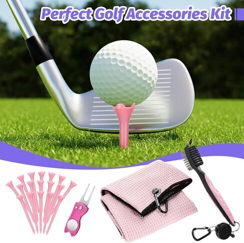مجموعة مناشف جولف وفرشاة من أولوك - مجموعة تنظيف نادي الجولف لحقيبة الجولف، منشفة نسائية من الألياف الدقيقة مع أداة تحديد الكرة لإكسسوارات الجولف، وردي in Kuwait