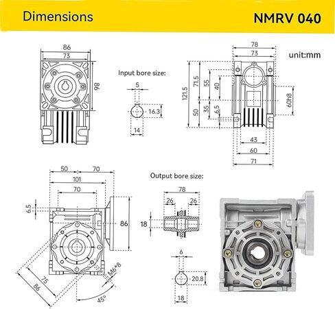 NMRV040 نسبة علبة التروس الدودية 30: 1,18 مم عمود الإخراج، RV40 NMRV-040 رؤوس التروس المعدنية مخفض التروس الدودية لمحرك متدرج Nema34/محرك مؤازر in Kuwait