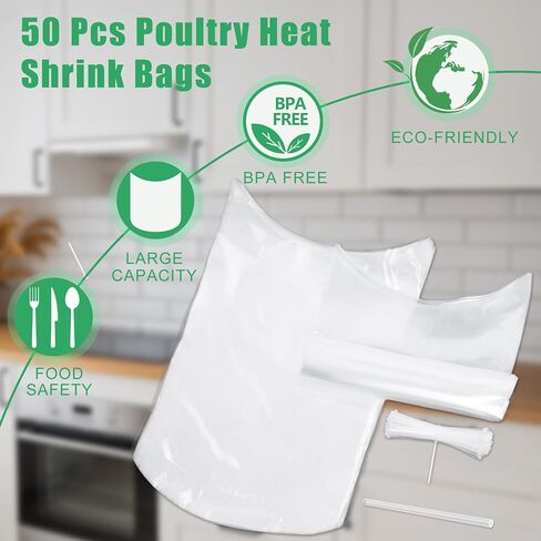 Poultry Shrink Bags, (50Pcs 16x30’’) Turkey Heat Shrink Wrap, Brining Bags BPA Free Freezer Safe, Heat Dip Shrinking Bags for Chickens, Rabbits, with 50 Heat-Resistant Zip Ties, a Silicone Straw in Saudi Arabia