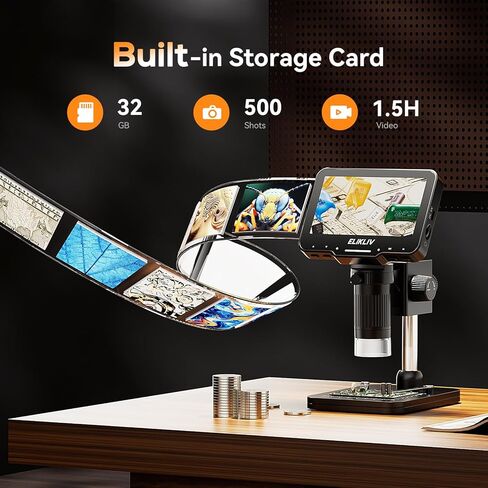 مجهر العملة Elikliv EDM4 Max، مجهر رقمي LCD 4.3 بوصة 1000x، مكبر للعملات المعدنية مع 8 مصابيح LED قابلة للتعديل، مجهر للعملات المعدنية مع شاشة، عرض الكمبيوتر الشخصي مع Windows/Mac، بطاقة SD سعة 32 جيجابايت متضمنة in Kuwait