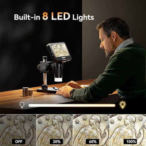 مجهر العملة Elikliv EDM4 Max، مجهر رقمي LCD 4.3 بوصة 1000x، مكبر للعملات المعدنية مع 8 مصابيح LED قابلة للتعديل، مجهر للعملات المعدنية مع شاشة، عرض الكمبيوتر الشخصي مع Windows/Mac، بطاقة SD سعة 32 جيجابايت متضمنة in Kuwait