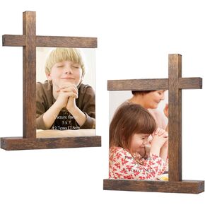 5x7 Picture Frames Set of 2, Cross Shaped Rustic Wooden Double Sides Display 5 by 7 Photo Frame for Tabletop