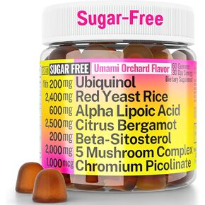 Red Yeast Rice Alpha Lipoic Acid Ubiquinol CoQ10 Citrus Bergamot Beta-Sitosterol Chromium Picolinate Sugar-Less Gummies w Lion's Mane Turkey Tail Reishi Cordyceps Chaga, Pills Capsules Supplement Alt