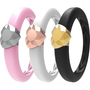 Zollen Silicone Rings for Women 3/1 Packs Silicone Wedding Bands with Metal Heart Shape - Rubber Ring Women Heart Collection