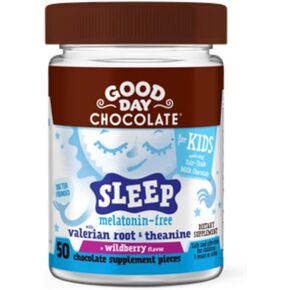Good Day Chocolate Natural Valerian Root for Kids, Herbal Sleep Supplement, Organic Wildberry Flavor, Fair Trade and Non-GMO Milk Chocolate, L-Theanine, 50 Pieces