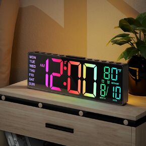 JALL 10.5'' Digital Large Alarm Clock with 8-in-1 RGB Colors, Date, Month, Temperature LED Display, Auto DST, Modern Decor for Desk, Wall, Living Room, Bedroom, Gift, Elderly (Black, 10.5'')