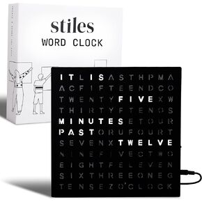 Stiles Word Clock, 8" by 8" Modern LED Desk Clock with USB Cable, Aluminum Clock with Words, Contemporary, Living Room, Bedroom, Home, or Office Lightup Decor,Black