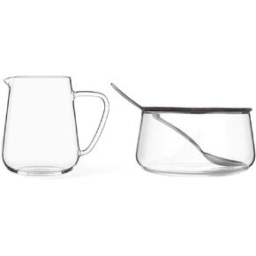 Viva Classic Glass Creamer and Sugar Set - Coffee and Tea Serving Set - Cream Pitcher 9.5 oz / 280ml and Sugar Bowl 12 oz / 350 ml with Cork Lid and Metal Spoon, Milk and Sugar for Coffee Bar