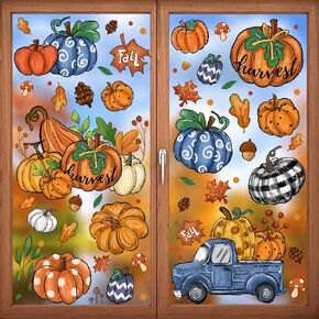6 Sheets Fall Window Clings Double-Sided Window Stickers with Orange Maple Leaves Pumpkins Blue Truck Thanksgiving Window Decals for Autumn Home Holiday Party Store Glass Decoration