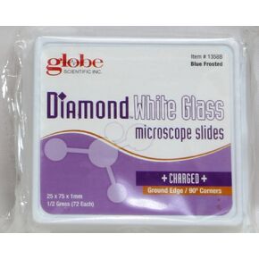 Globe Scientific Diamond 1358B White Glass Charged Microscope Slide, 25 x 75mm Size, Ground Edges, Blue Frosted (1,440 slides)